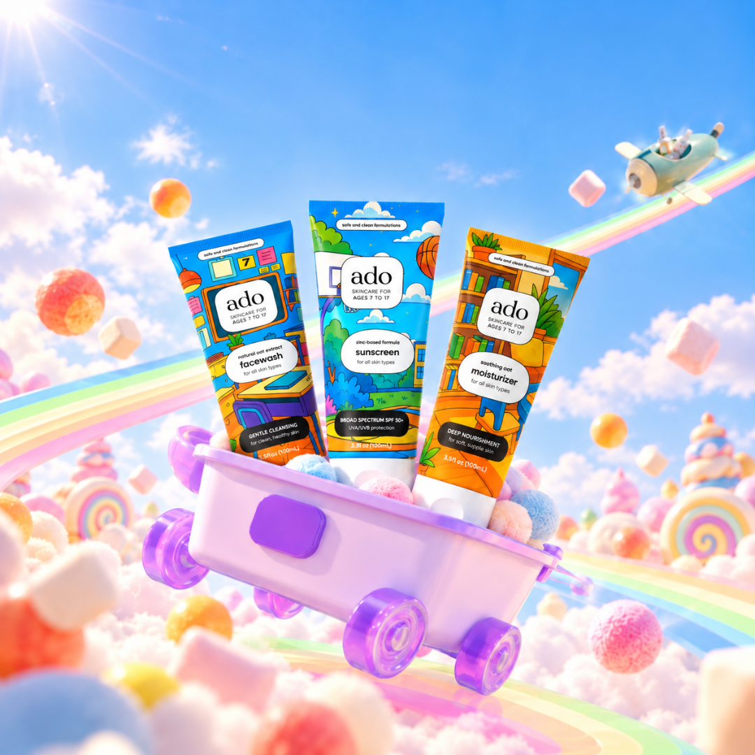 ado facewash, sunscreen and moisturiser tubes riding in a toy wagon through a candy-coloured sky with rainbows