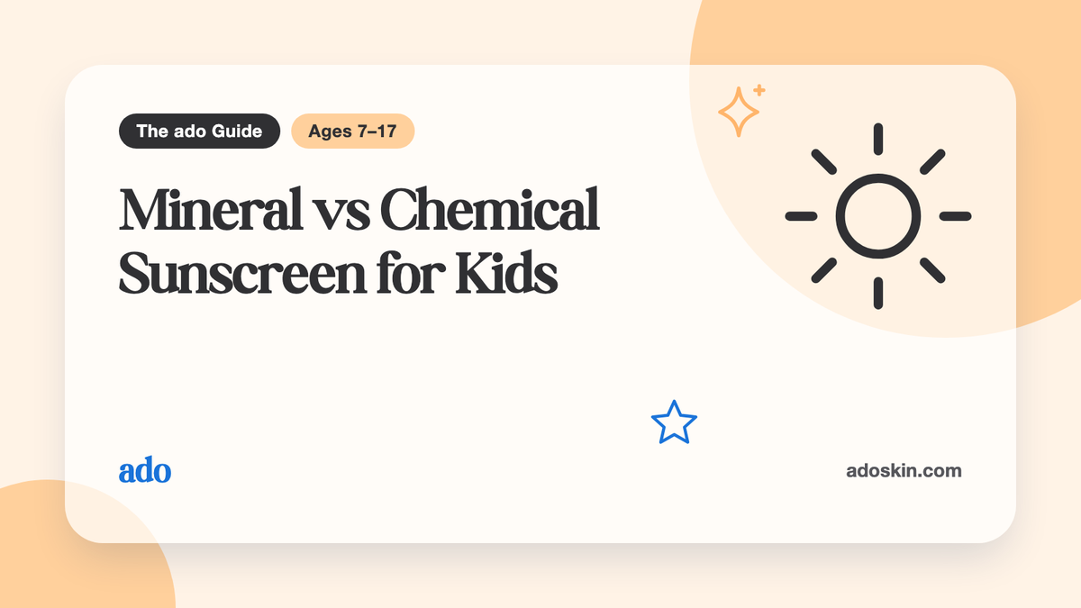 Two sunscreen tubes side by side on a bathroom shelf, one labelled zinc oxide, with a child's hand reaching for one