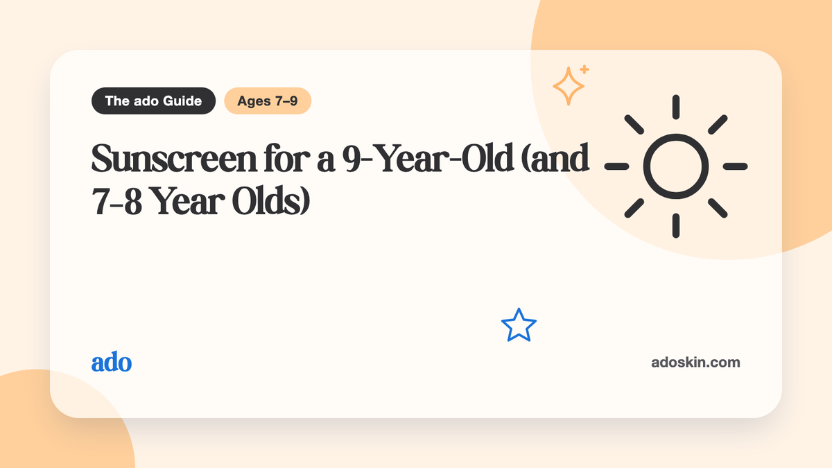 A nine-year-old dotting sunscreen on their cheeks in a bathroom mirror, with a school bag in the background