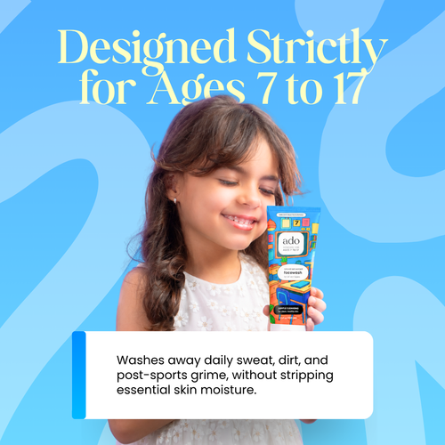 Smiling girl holding the ado Gentle Oat Facewash tube to her cheek, under the words "Designed strictly for ages 7 to 17"