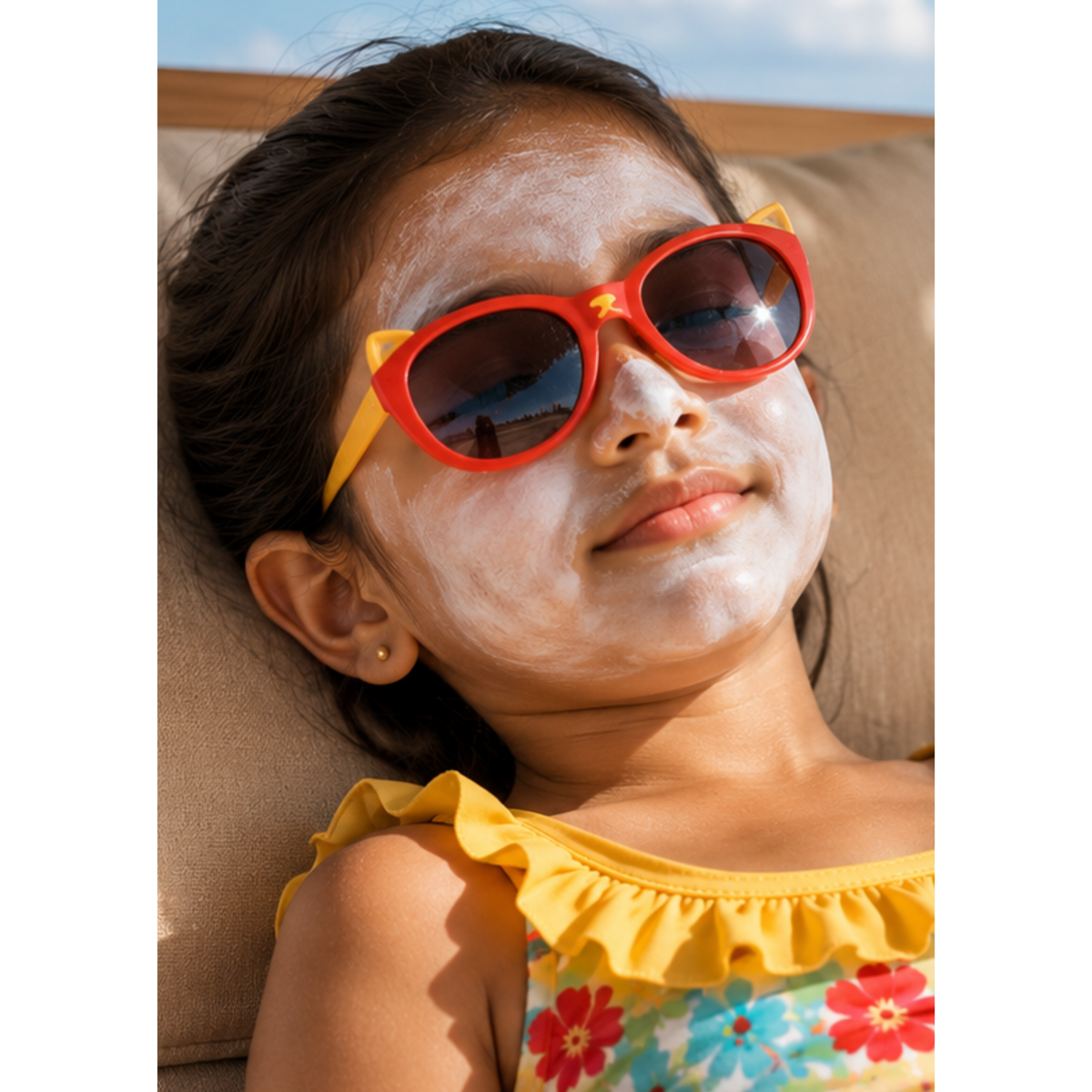 Girl in red sunglasses relaxing in the sun with white sunscreen spread over her face