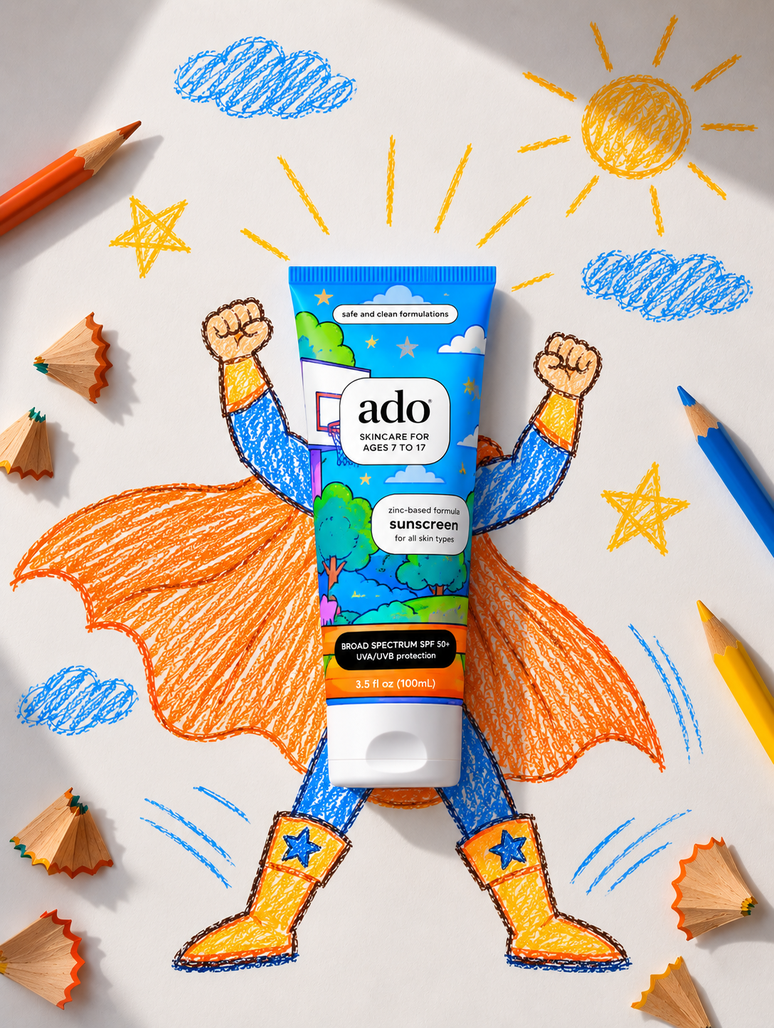 ado Mineral Sunscreen SPF 50+ tube as the body of a crayon-drawn superhero with a cape, sun and clouds