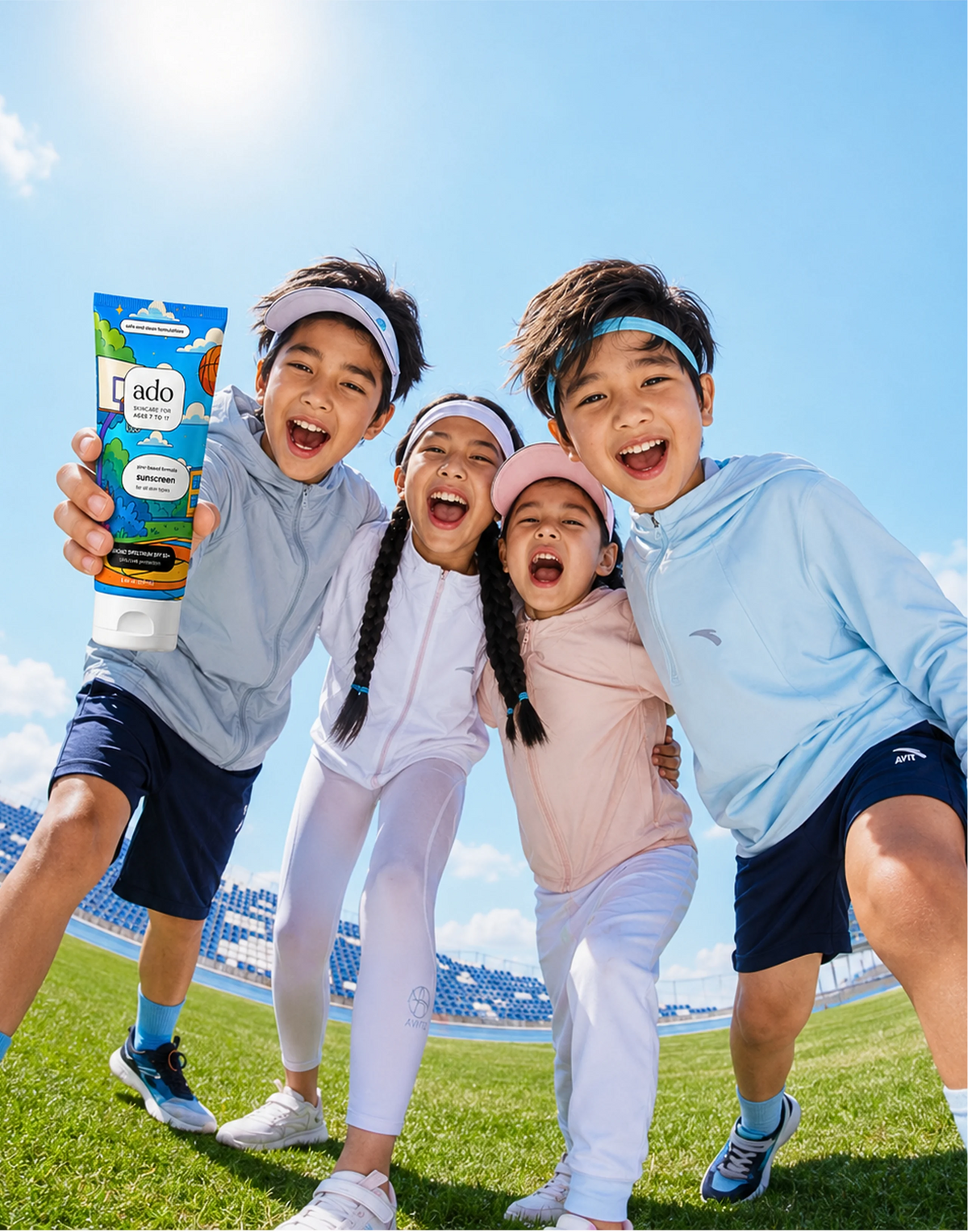 Happy kids outdoors holding ado skincare