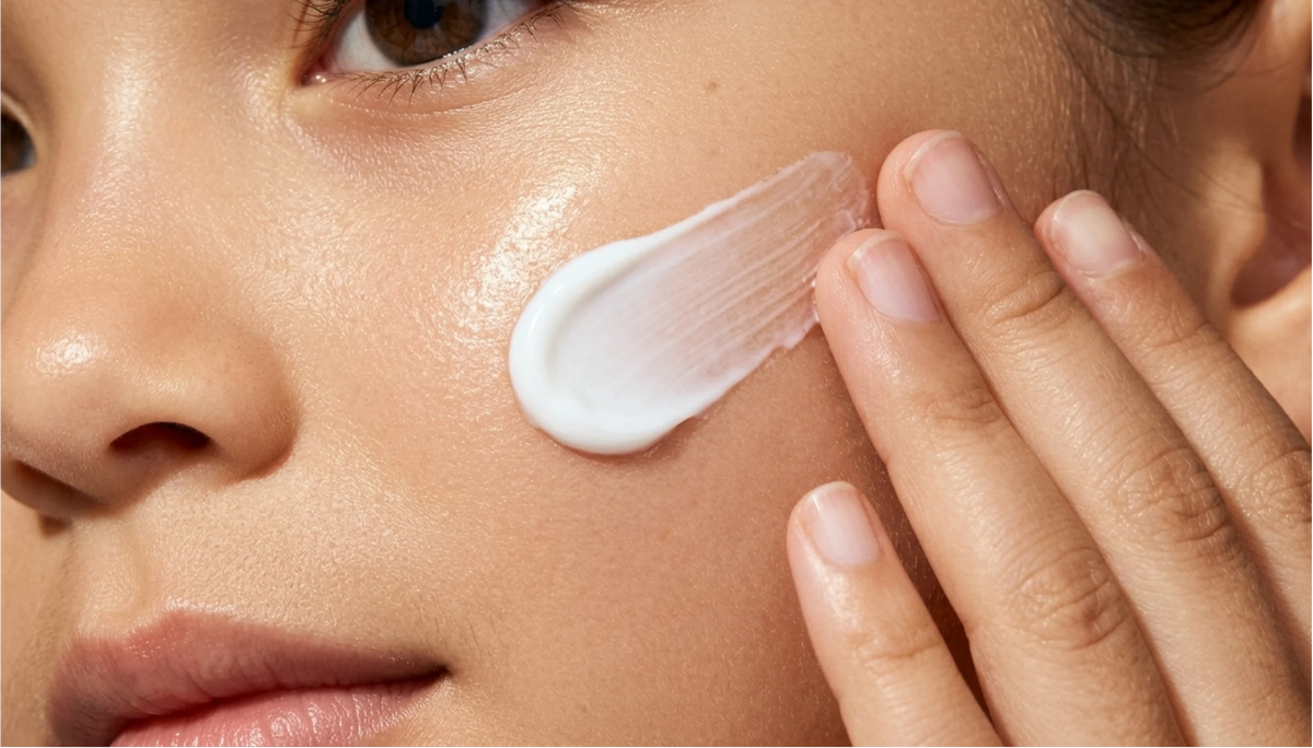 A swipe of lightweight moisturiser on a cheek