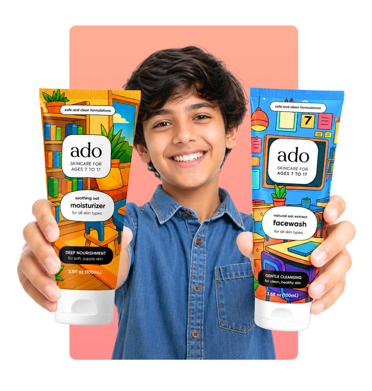 Smiling boy holding out the ado Daily Moisturiser and ado Gentle Oat Facewash tubes